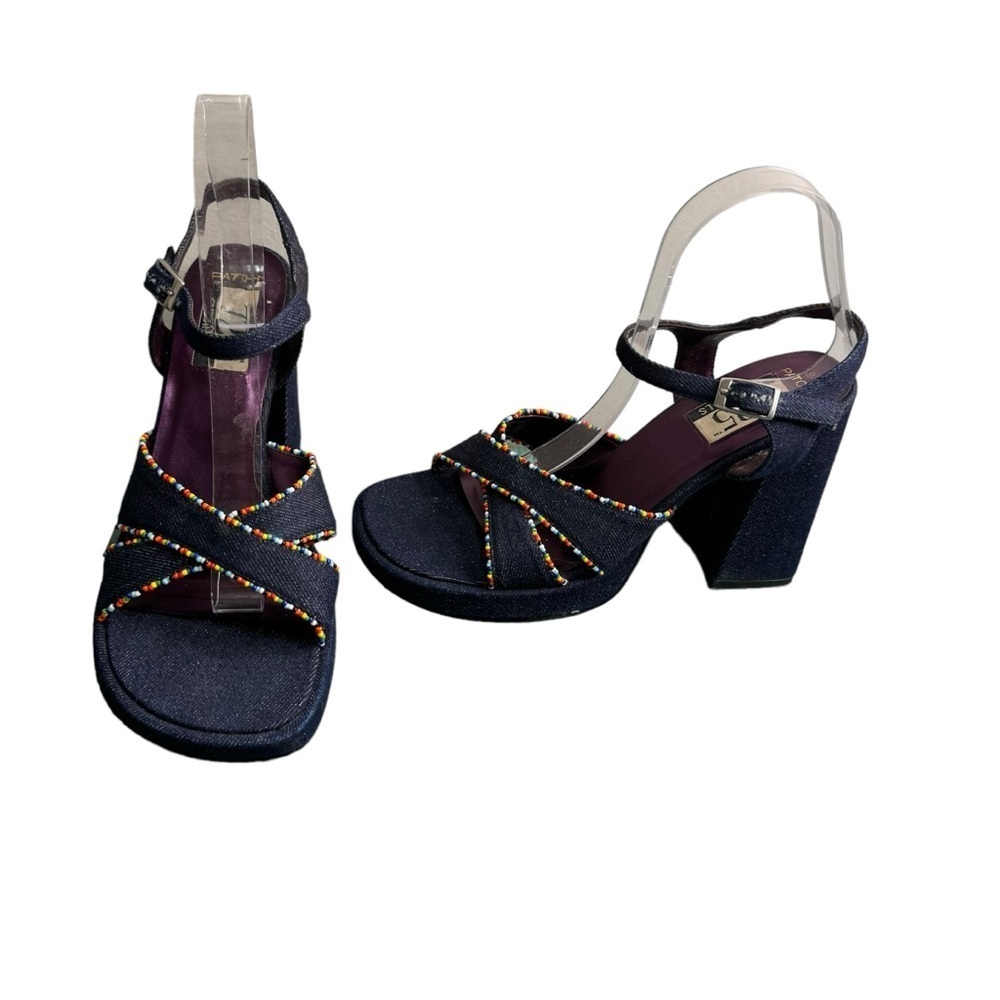 Vintage 725 Originals Denim & Beaded Chunky Platform Sandals Size 8 - Picture 1 of 11